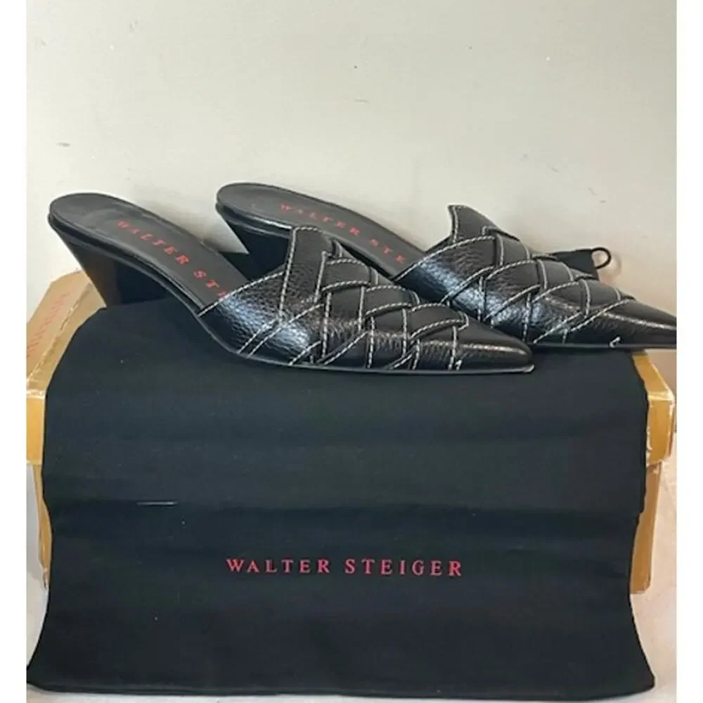 Walter Steiger Black Leather Pointed-Toe Woven Mules